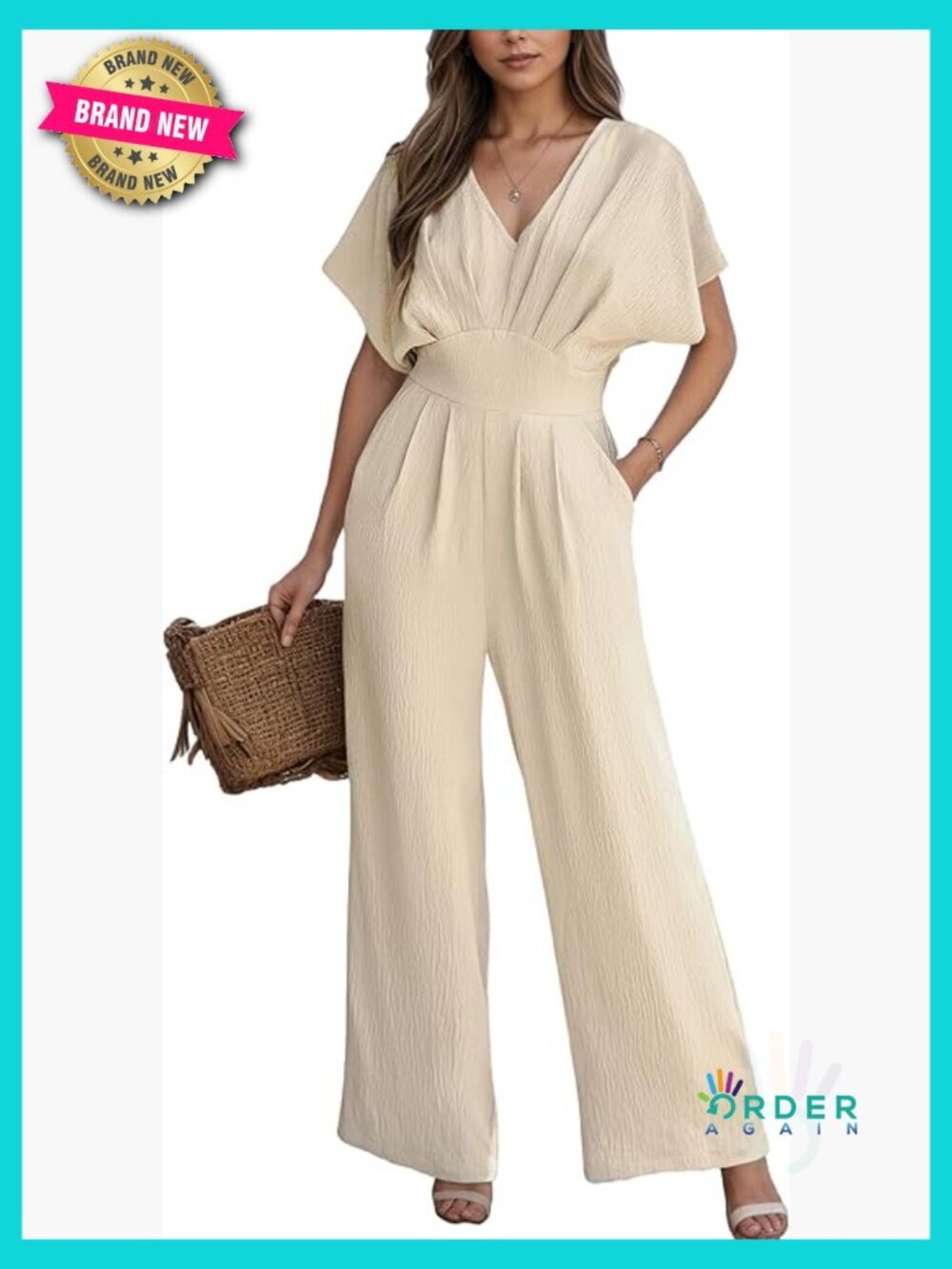 Wide Leg Jumpsuit V-Neck Batwing Short Sleeve Summer Casual Romper with Pockets